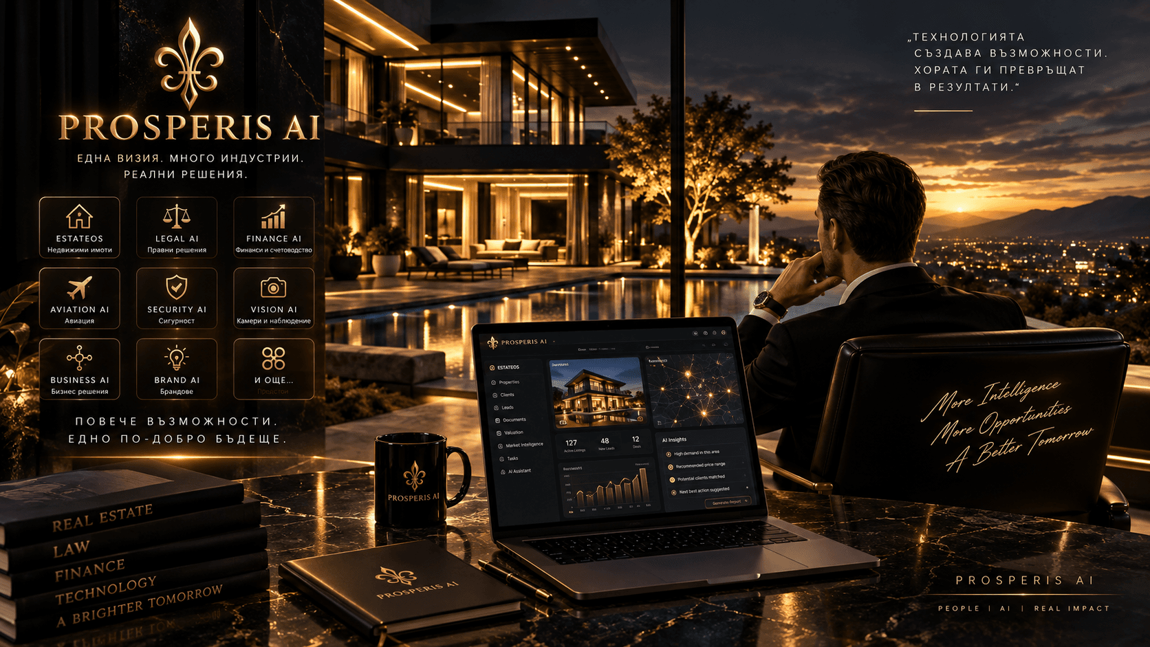 PROSPERIS AI — работно място с изглед към осветена резиденция и басейн вечер, символ на визията на бранда